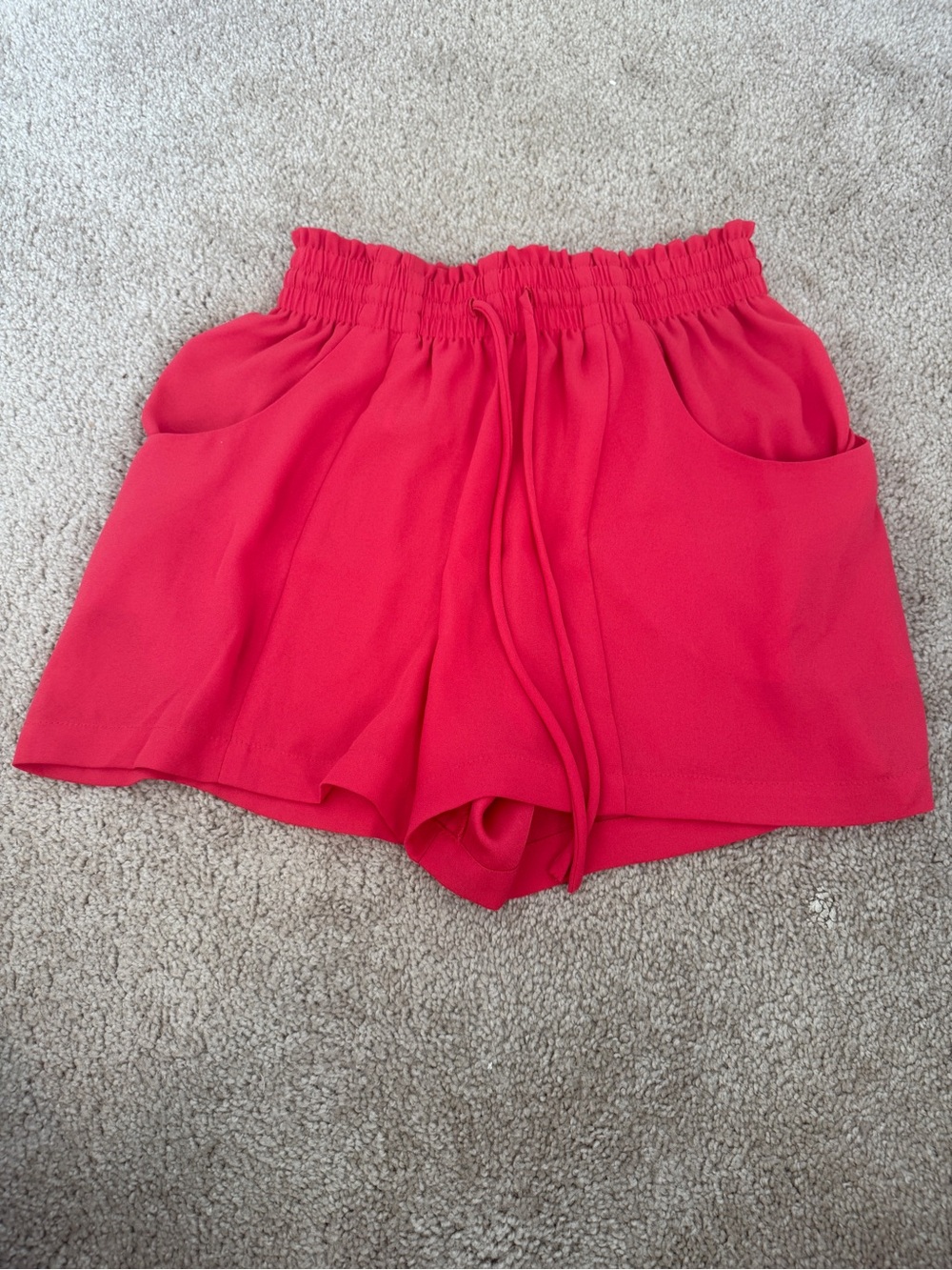 BCBGeneration Bright Red High-Waist Paperbag Shorts with Drawstring